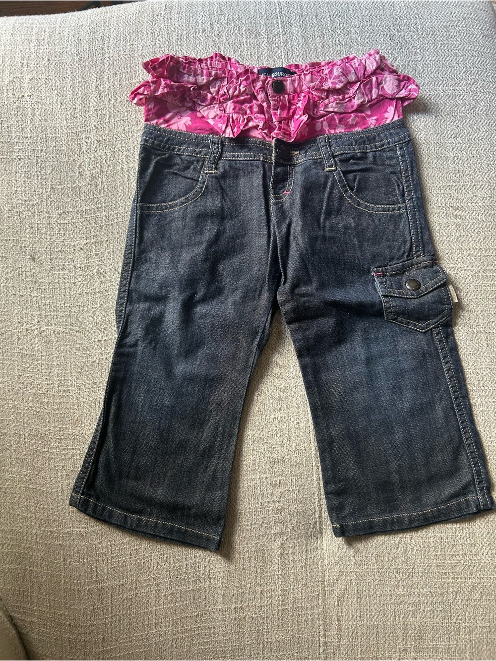 Jean Bourget Dark Denim Capri Jeans with Pink Ruffle Waist